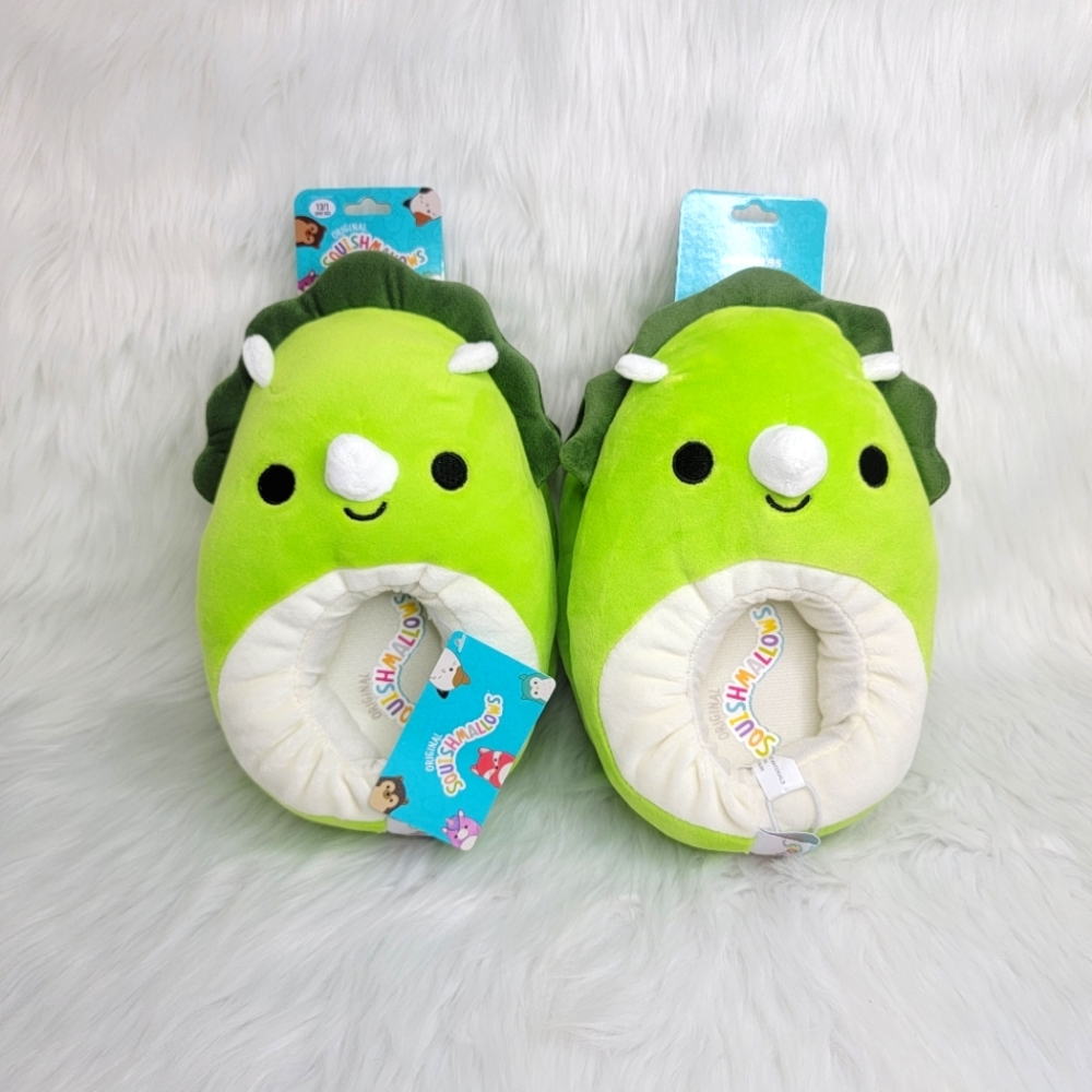Squishmallows Tristan the dinosaur plush slippers.